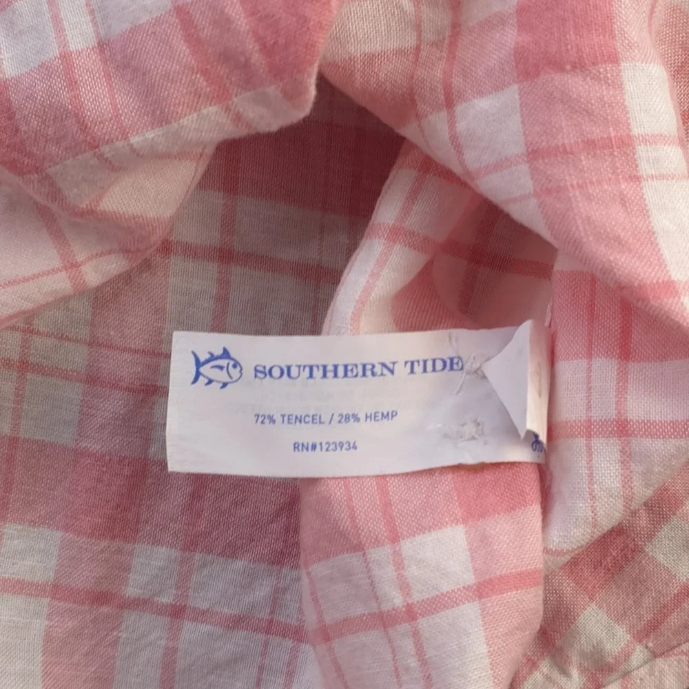 Southern‎ Tide Shirt Medium Pink Plaid Hemp Blend Long Sleeve Button Down - Picture 7 of 9